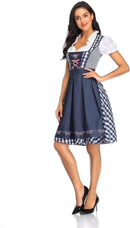 Women Oktoberfest Dirndl Costume Plaid German Beer Festival Cosplay Bavarian Dress Halloween Fancy Dress