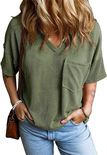 EVALESS Womens Fashion Short Sleeve Shirts Oversized Knitted Tops Sexy V Neck Blouses for Women Loose Casual