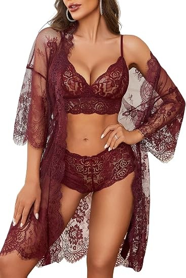 Avidlove Women 3 Piece Lingerie Set Lace Robe Bra Panty Mesh Sleepwear