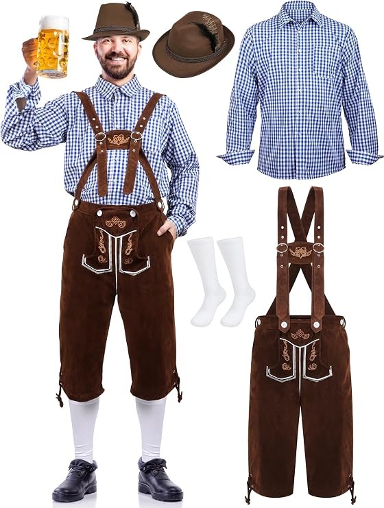 SOMSOC Men’s German Bavarian Oktoberfest Costume Set Includes Mens Lederhosen with Suspenders & Shirt & Socks and Hat